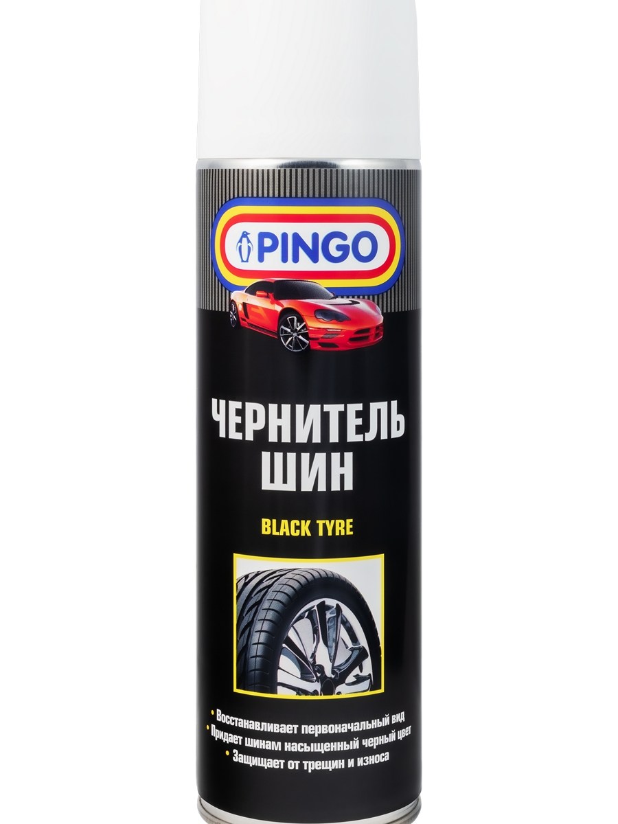 Чернитель шин, резины и пластика PINGO, средство для восстановления цвета и блеска резины, аэрозоль 650 мл